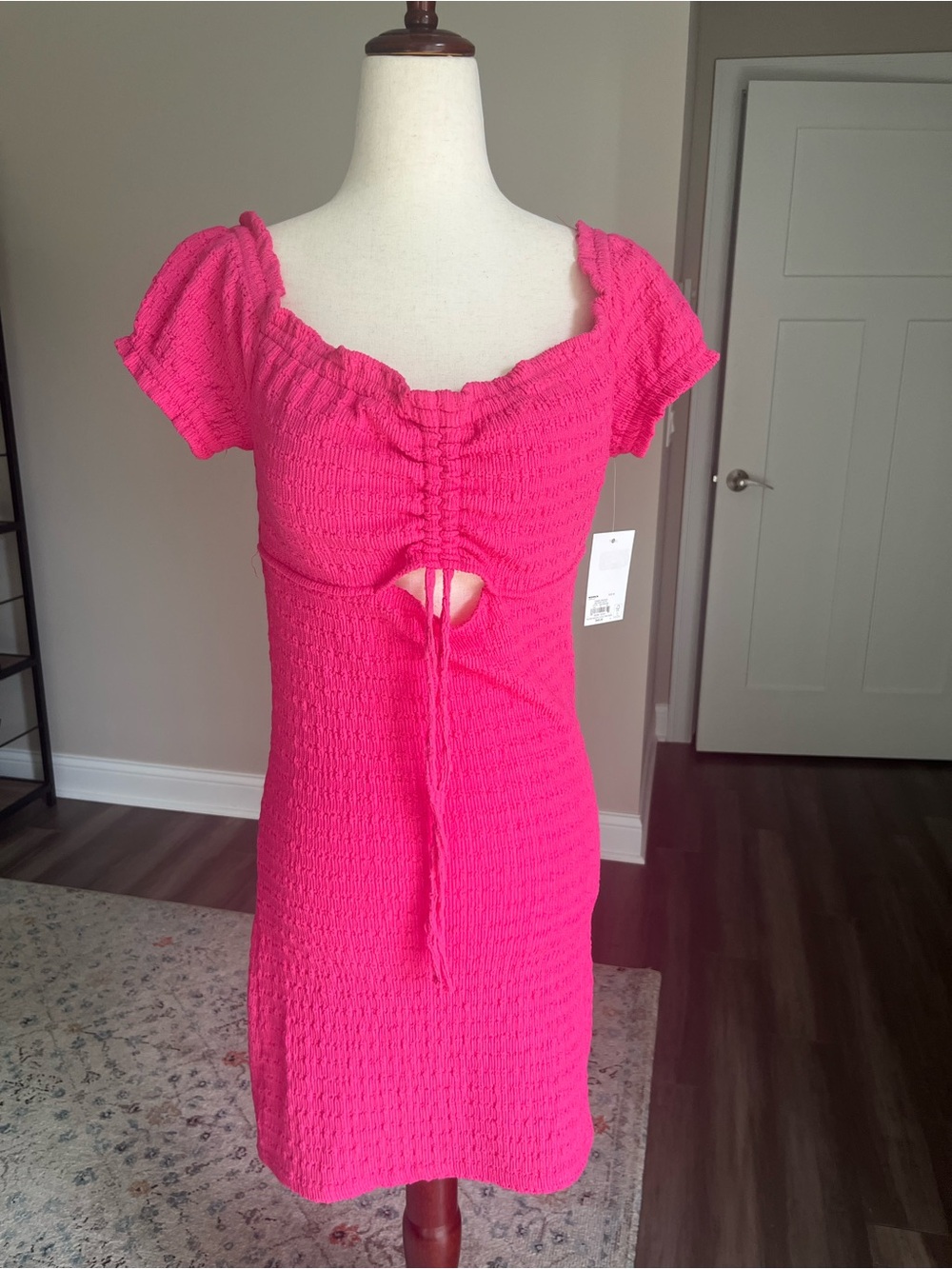 NWT Hot Pink Textured Mini Smocked Bodycon Dress w Peekaboo